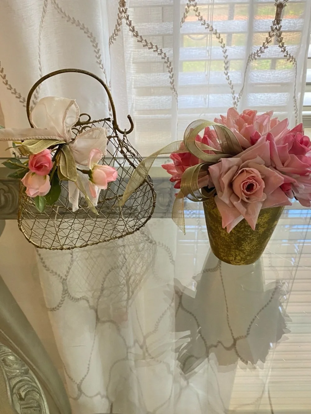 Pink Rose Faux Floral Arrangement in Gold Pot by